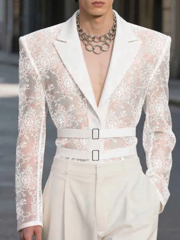 Men's Sheer Lace Waist Long Sleeve Blazer SKUL31873 sold by Incerunmen