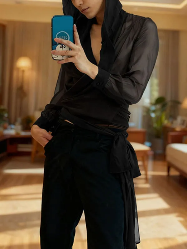 Men's Sheer Mesh Hooded Long Sleeve Shirt SKUL32850 sold by Incerunmen