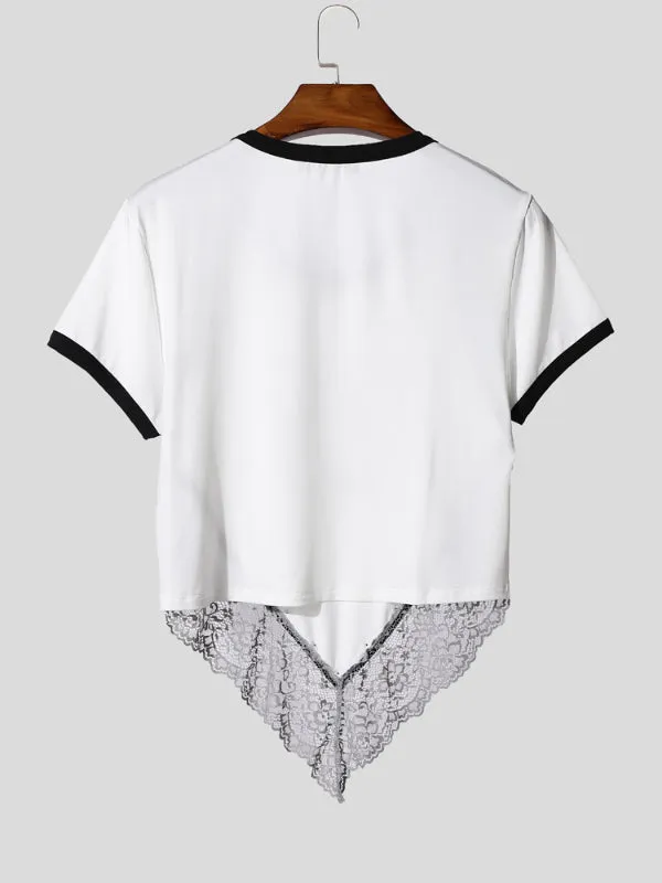 Men's Number Print Sheer Lace Patchwork Short Sleeve T-Shirt SKUL22539 sold by Incerunmen product image thumbnail 3
