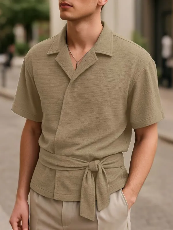 Men's Solid Color Slant Placket Tie Long Sleeve Shirt SKUL29747 sold by Incerunmen