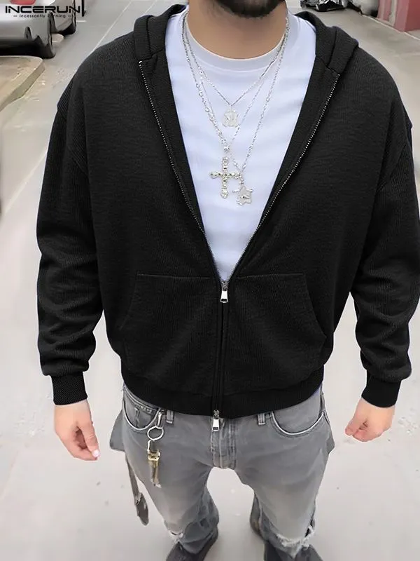 Men's Solid Color Textured Hooded Long Sleeve Sweater SKUL30571 sold by Incerunmen