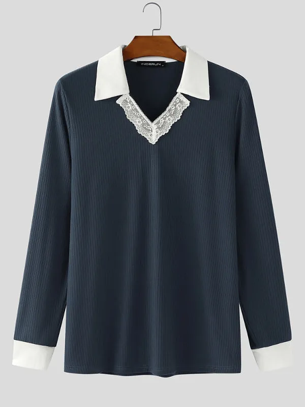 Men's Lace Patchwork Contrast Lapel Long Sleeve Shirt SKUL25985 sold by Incerunmen product image thumbnail 4