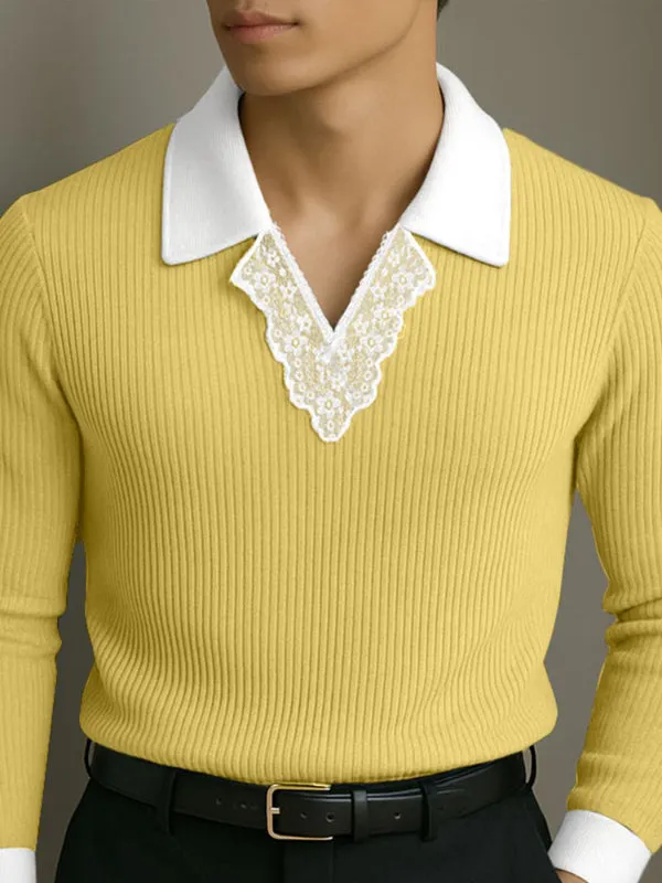 Men's Lace Patchwork Contrast Lapel Long Sleeve Shirt SKUL25985 sold by Incerunmen product image thumbnail 3