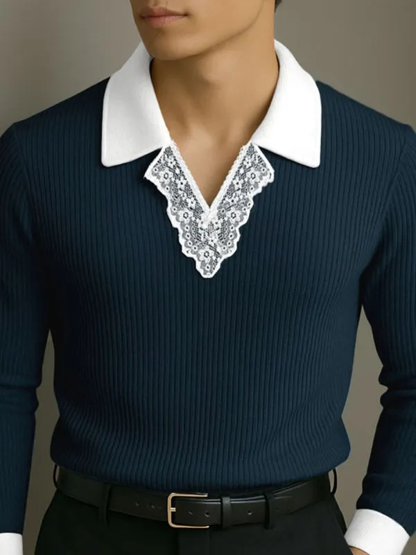 Men's Lace Patchwork Contrast Lapel Long Sleeve Shirt SKUL25985 sold by Incerunmen