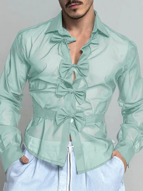 Men's Bow Patchwork Sheer Long Sleeve Shirt SKUL25105 sold by Incerunmen