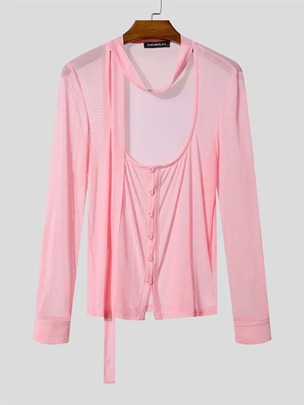 Men's Solid Color Sheer Mesh Ribbon Long Sleeve T-Shirt SKUL22476 sold by Incerunmen product image thumbnail 4