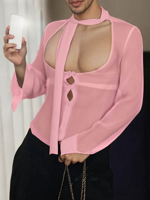 Men's Solid Color Sheer Mesh Ribbon Long Sleeve T-Shirt SKUL22476 sold by Incerunmen