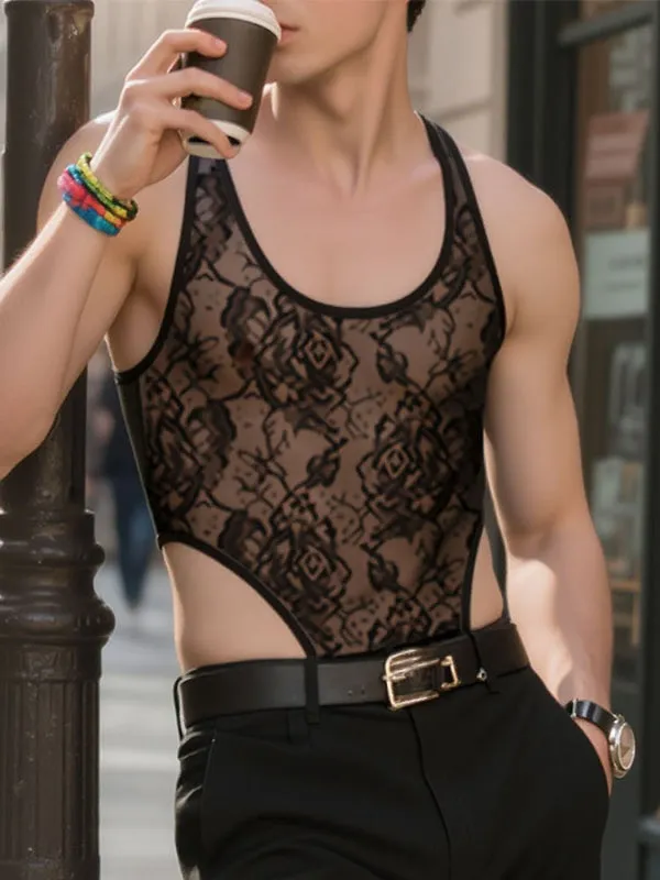 Men's Floral Embroidered Lace Bodysuit SKUL21177 sold by Incerunmen