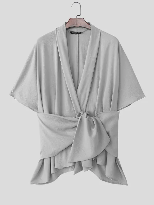 Men's Asymmetrical Placket Tie Short Sleeve Cardigan SKUL24951 sold by Incerunmen product image thumbnail 4