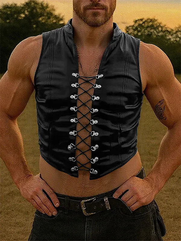 Men's Leather Cropped Lace Up Waistcoat SKUL22304 sold by Incerunmen