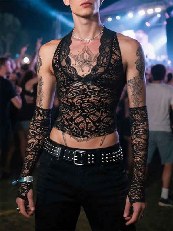 Men's Sheer Lace Cropped Tank SKUL22315 sold by Incerunmen