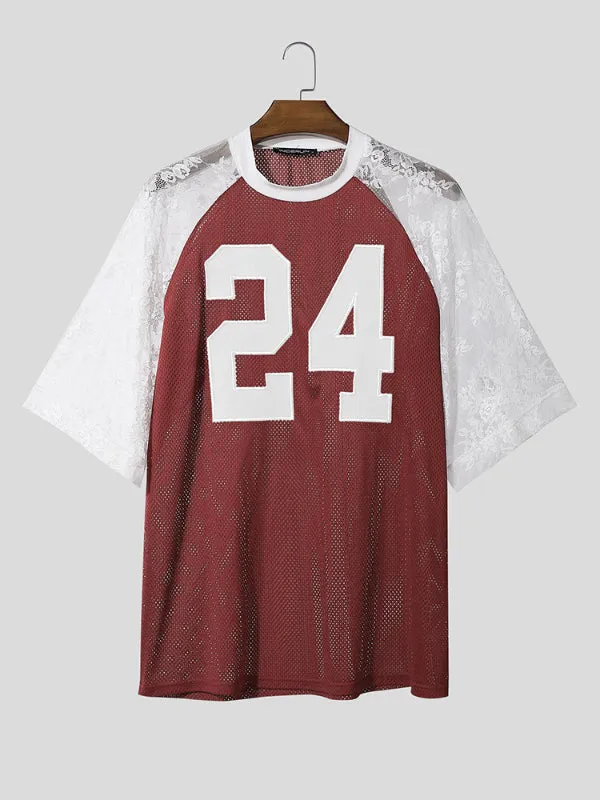 Men's Lace Patchwork Number Print Short Sleeve T-Shirt SKUL18993 sold by Incerunmen product image thumbnail 4