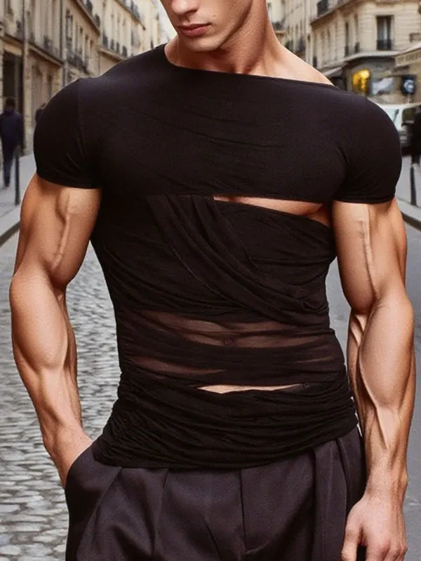 Men's Sheer Mesh Patchwork Hollow Sleeveless T-Shirt SKUL15199 sold by Incerunmen