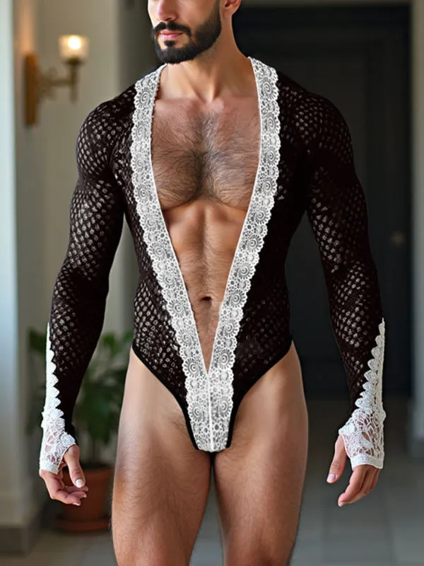 Men's Sheer Mesh Lace Patchwork Bodysuit SKUL22255 sold by Incerunmen product image thumbnail 2