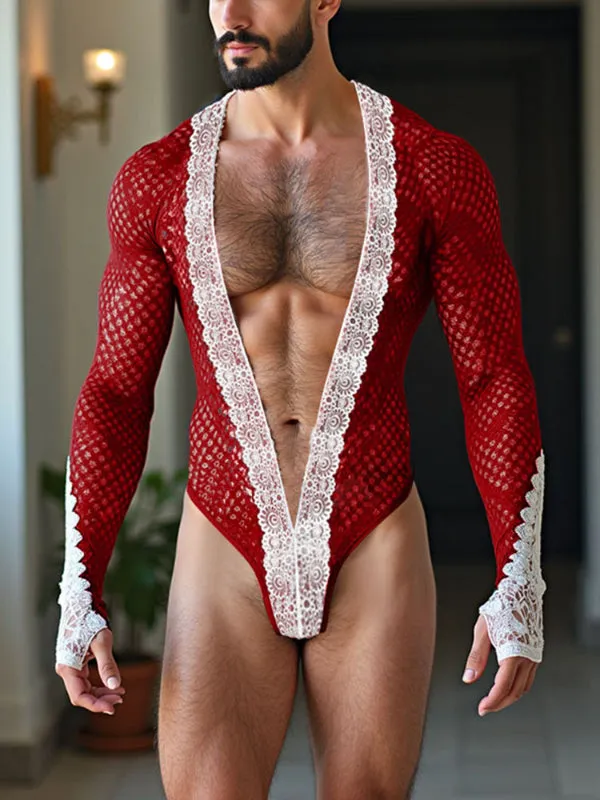 Men's Sheer Mesh Lace Patchwork Bodysuit SKUL22255 sold by Incerunmen