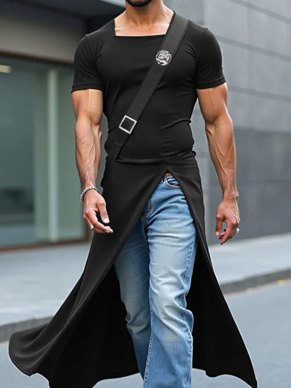 Men's Solid Color Long Split Hem Short Sleeve T-Shirt SKUL20253 sold by Incerunmen