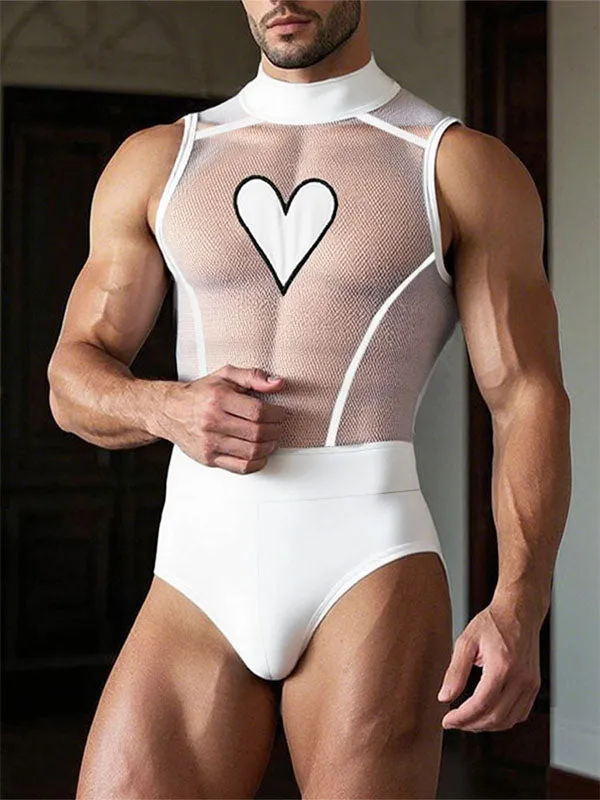 Men's Heart Print Sheer Casual Bodysuit SKUL13990 sold by Incerunmen