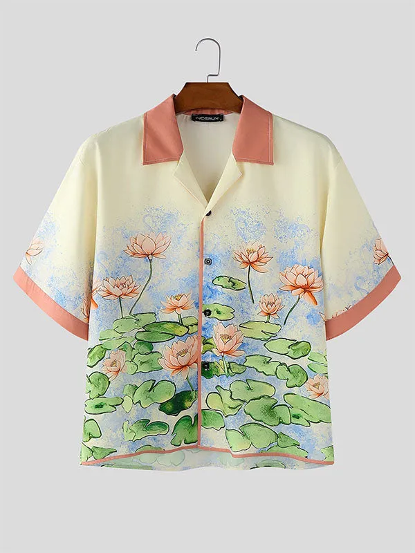 Mens Lotus Print Color Block Short Sleeve Shirt SKUL16585 sold by Incerunmen product image thumbnail 4
