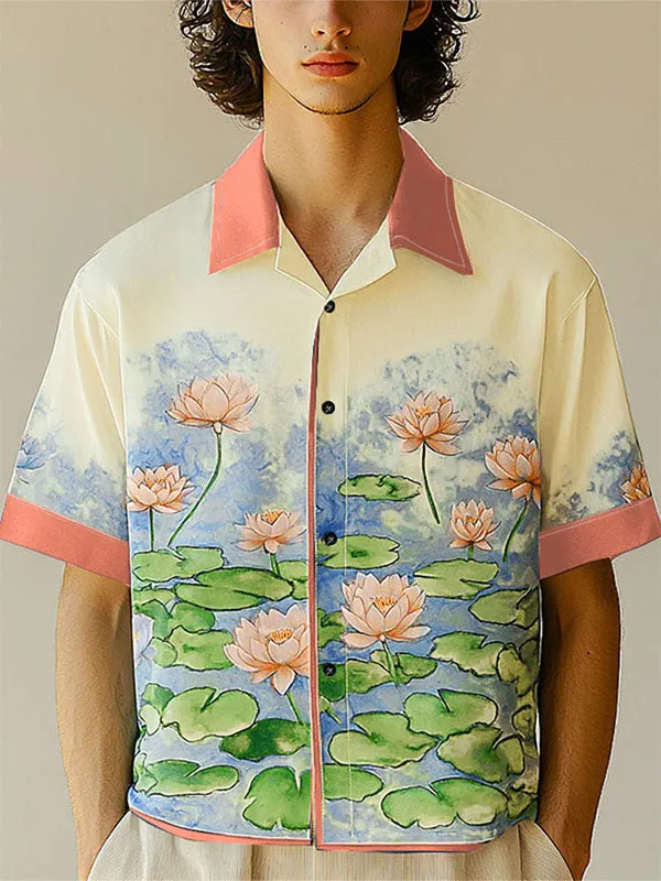 Mens Lotus Print Color Block Short Sleeve Shirt SKUL16585 sold by Incerunmen
