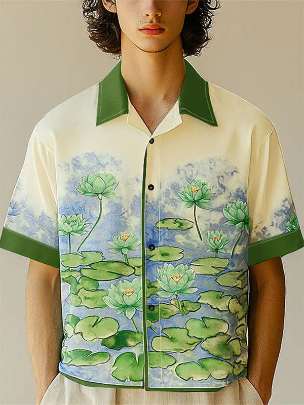 Mens Lotus Print Color Block Short Sleeve Shirt SKUL16585 sold by Incerunmen product image thumbnail 3