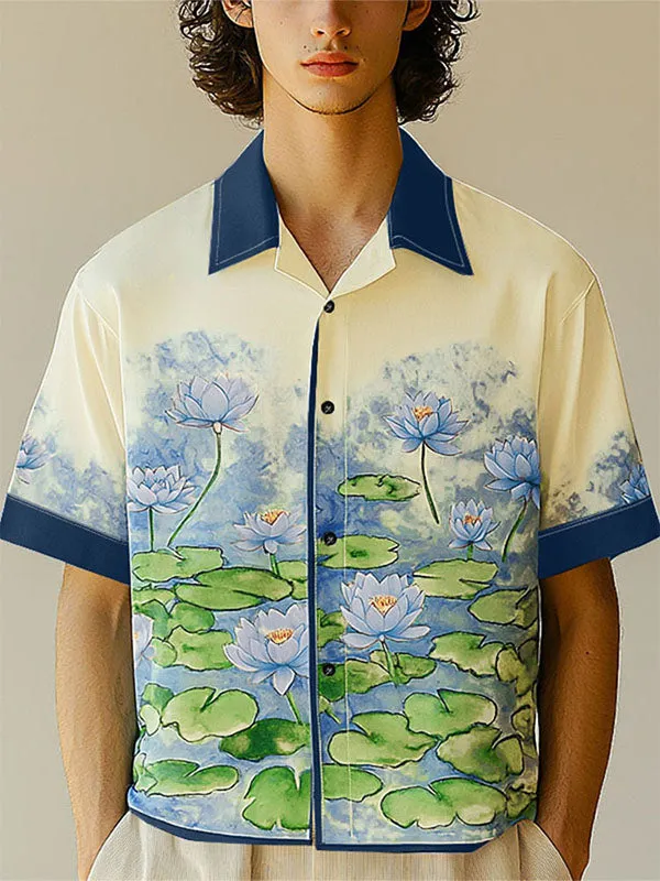 Mens Lotus Print Color Block Short Sleeve Shirt SKUL16585 sold by Incerunmen product image thumbnail 2