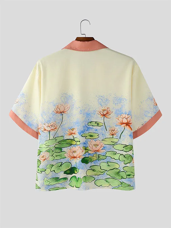 Mens Lotus Print Color Block Short Sleeve Shirt SKUL16585 sold by Incerunmen product image thumbnail 5