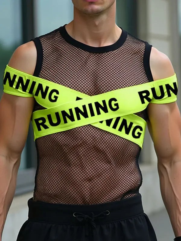 Mens Slogan Color Block Sheer Mesh Sleeveless T-Shirt SKUL12855 sold by Incerunmen