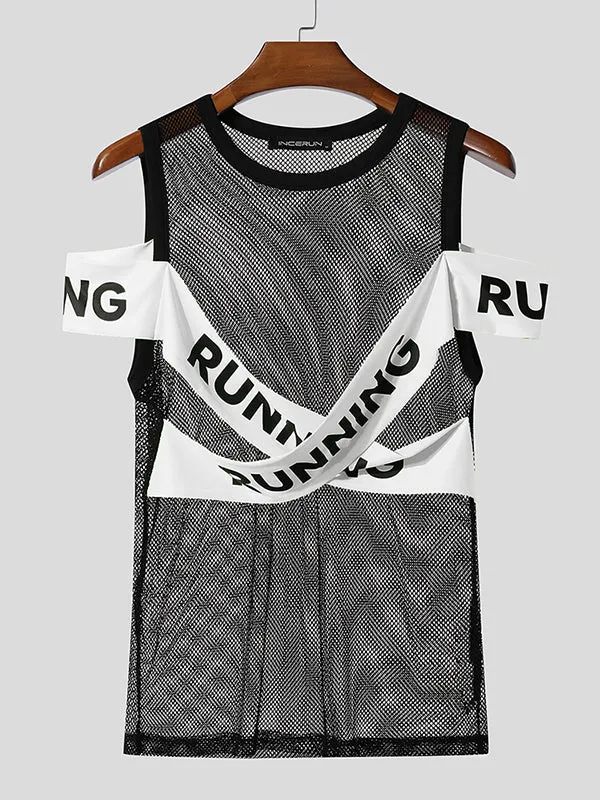 Mens Slogan Color Block Sheer Mesh Sleeveless T-Shirt SKUL12855 sold by Incerunmen product image thumbnail 4