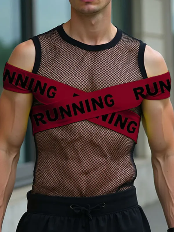 Mens Slogan Color Block Sheer Mesh Sleeveless T-Shirt SKUL12855 sold by Incerunmen product image thumbnail 3