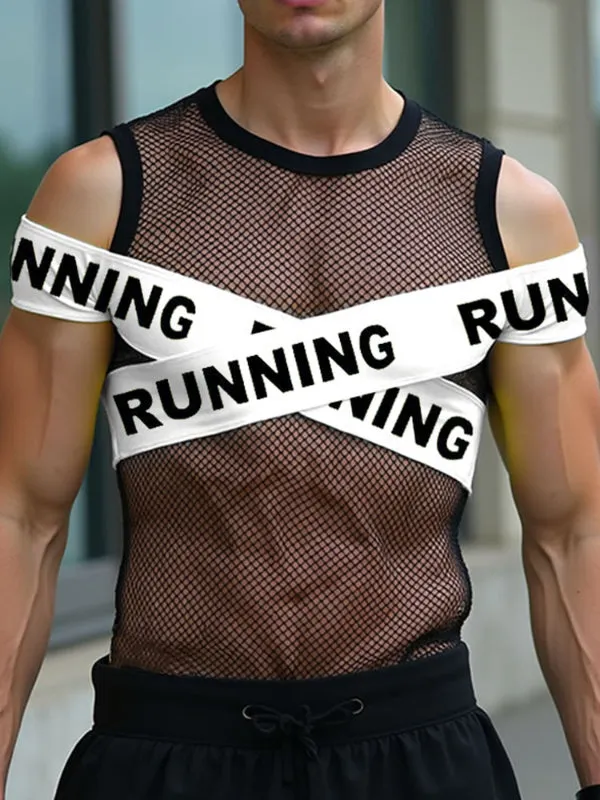 Mens Slogan Color Block Sheer Mesh Sleeveless T-Shirt SKUL12855 sold by Incerunmen product image thumbnail 2