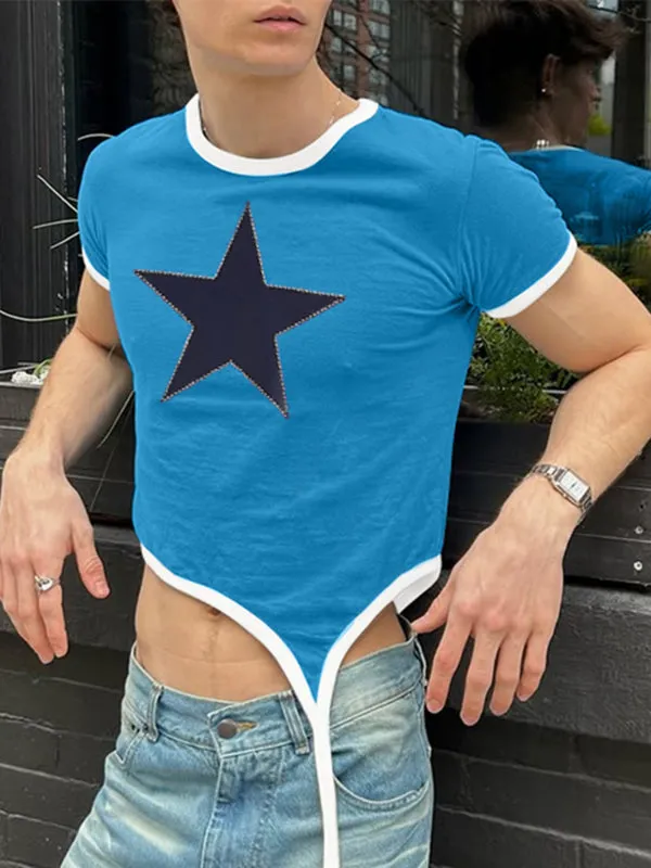 Mens Star Print Cropped Short-Sleeve T-Shirt SKUL17950 sold by Incerunmen