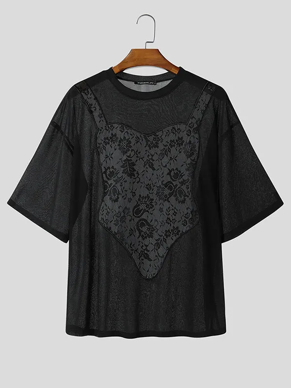 Mens Lace Patchwork Casual Short Sleeve T-Shirt SKUL13907 sold by Incerunmen product image thumbnail 3