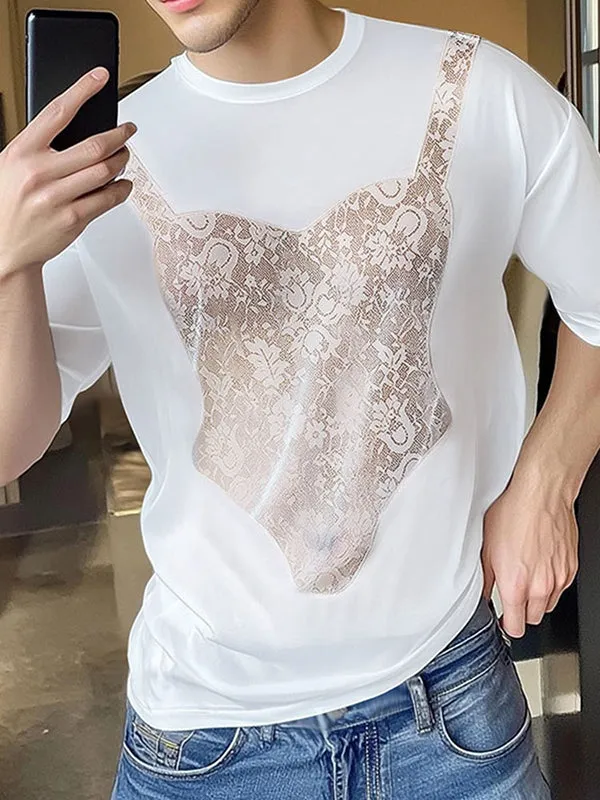 Mens Lace Patchwork Casual Short Sleeve T-Shirt SKUL13907 sold by Incerunmen product image thumbnail 2