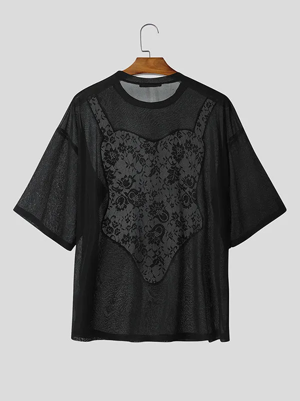 Mens Lace Patchwork Casual Short Sleeve T-Shirt SKUL13907 sold by Incerunmen product image thumbnail 4
