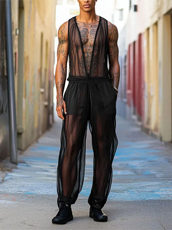 Mens Solid Color Sheer Mesh Jumpsuit SKUL11900 sold by Incerunmen