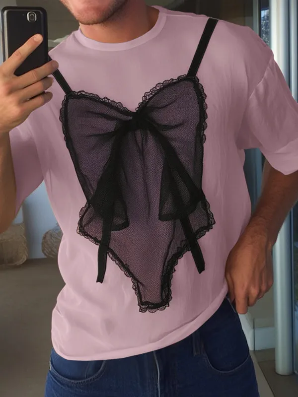 Mens Lace Patchwork Contrast Color Short Sleeve T-Shirt SKUL13959 sold by Incerunmen product image thumbnail 3