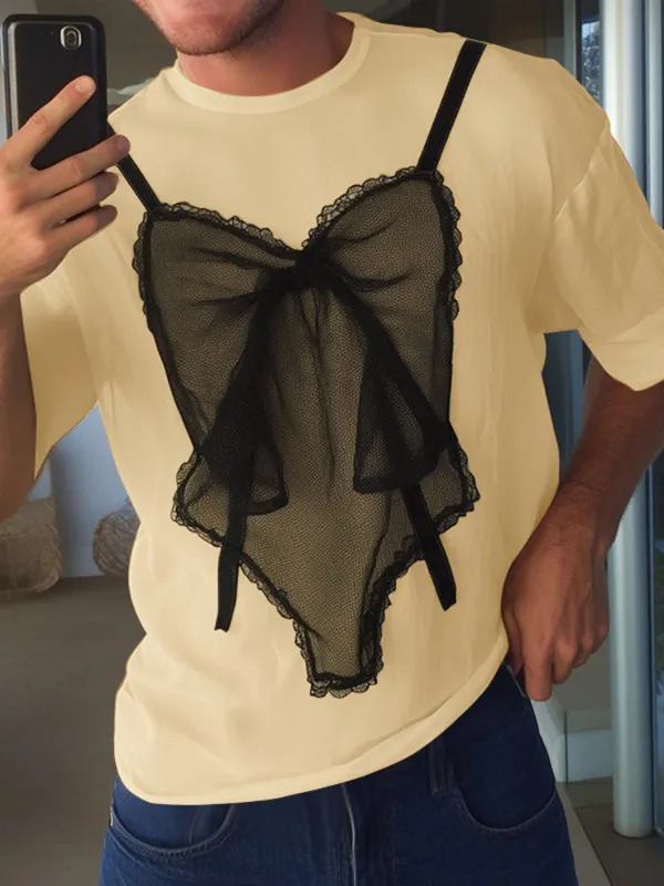 Mens Lace Patchwork Contrast Color Short Sleeve T-Shirt SKUL13959 sold by Incerunmen