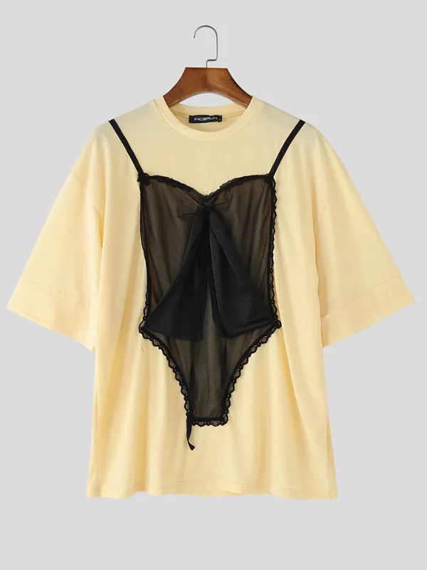 Mens Lace Patchwork Contrast Color Short Sleeve T-Shirt SKUL13959 sold by Incerunmen product image thumbnail 4