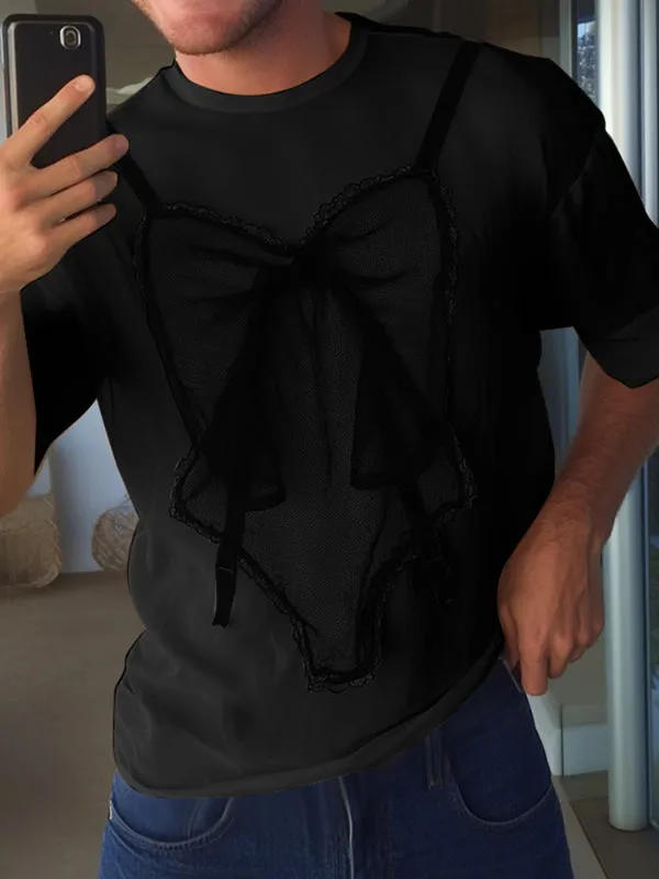 Mens Lace Patchwork Contrast Color Short Sleeve T-Shirt SKUL13959 sold by Incerunmen product image thumbnail 2