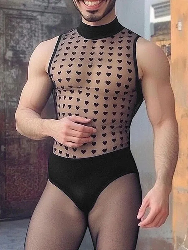 Mens Heart Print Sheer Mesh Bodysuit SKUL13903 made by Incerunmen