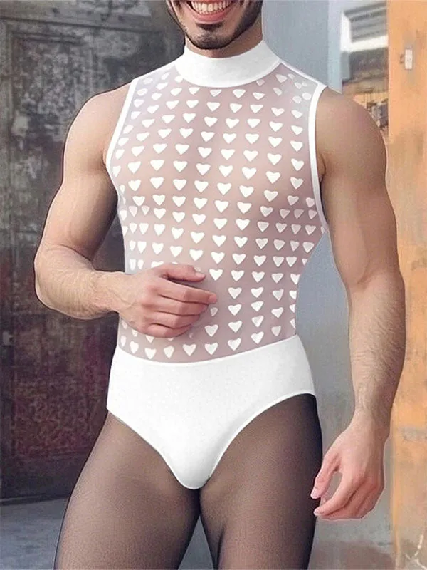 Mens Heart Print Sheer Mesh Bodysuit SKUL13903 sold by Incerunmen product image thumbnail 2