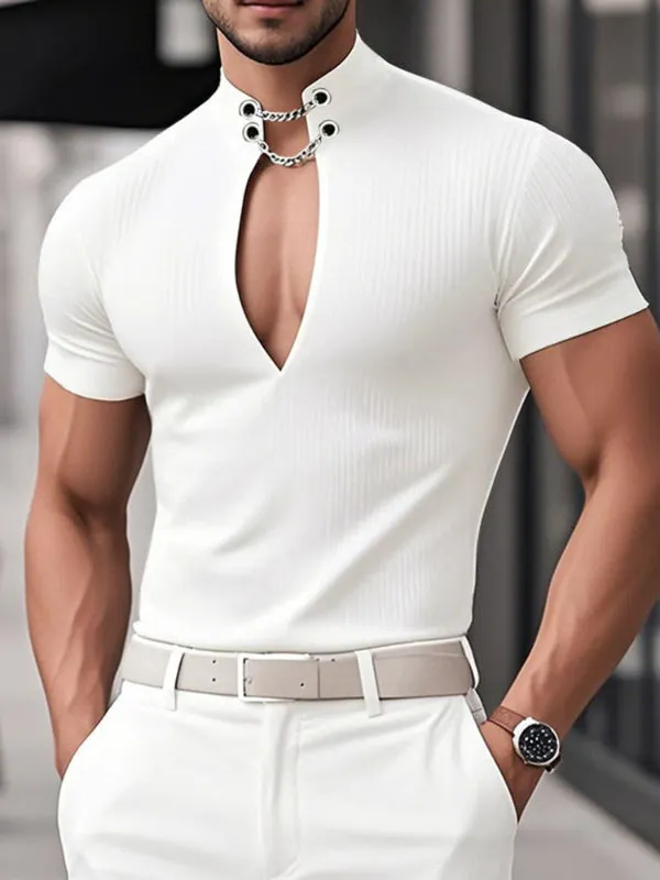 Mens Solid Color Textured Deep V Short Sleeve T-Shirt SKUL18934 sold by Incerunmen