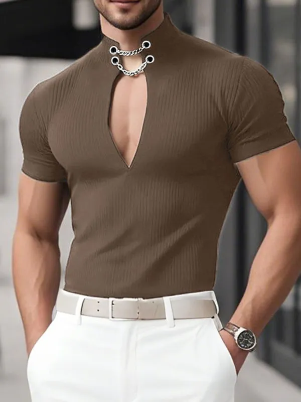 Mens Solid Color Textured Deep V Short Sleeve T-Shirt SKUL18934 sold by Incerunmen product image thumbnail 2