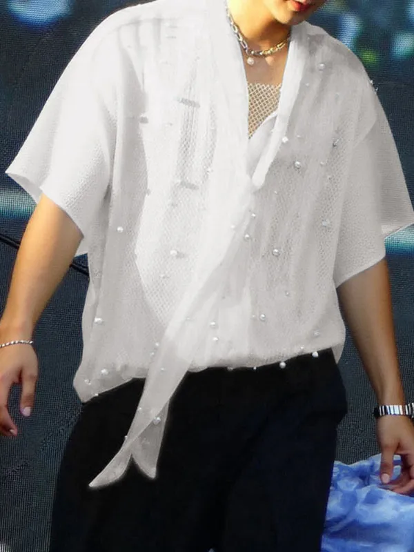 Mens Pearl Embellished Sheer Short Sleeve Shirt SKUL08506 sold by Incerunmen product image thumbnail 2