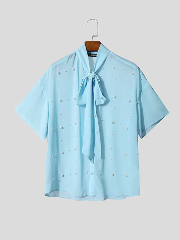 Mens Pearl Embellished Sheer Short Sleeve Shirt SKUL08506 sold by Incerunmen product image thumbnail 4