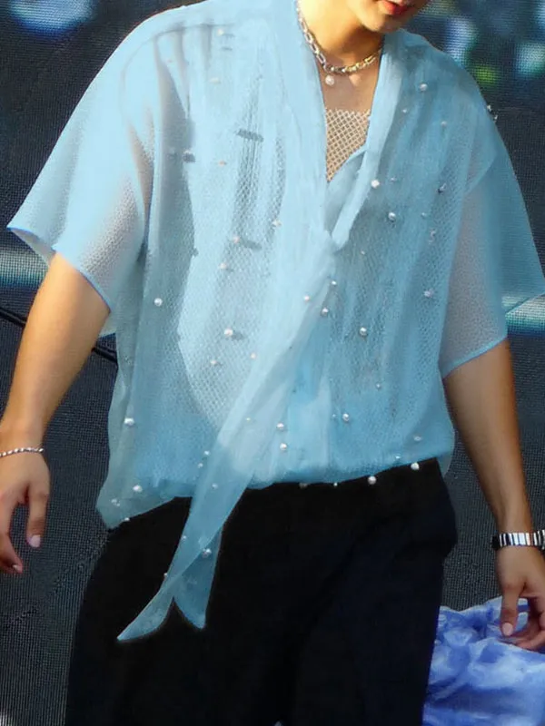 Mens Pearl Embellished Sheer Short Sleeve Shirt SKUL08506 sold by Incerunmen product image thumbnail 3