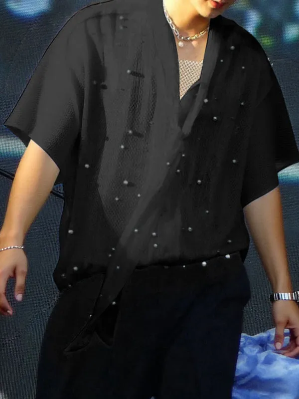 Mens Pearl Embellished Sheer Short Sleeve Shirt SKUL08506 sold by Incerunmen