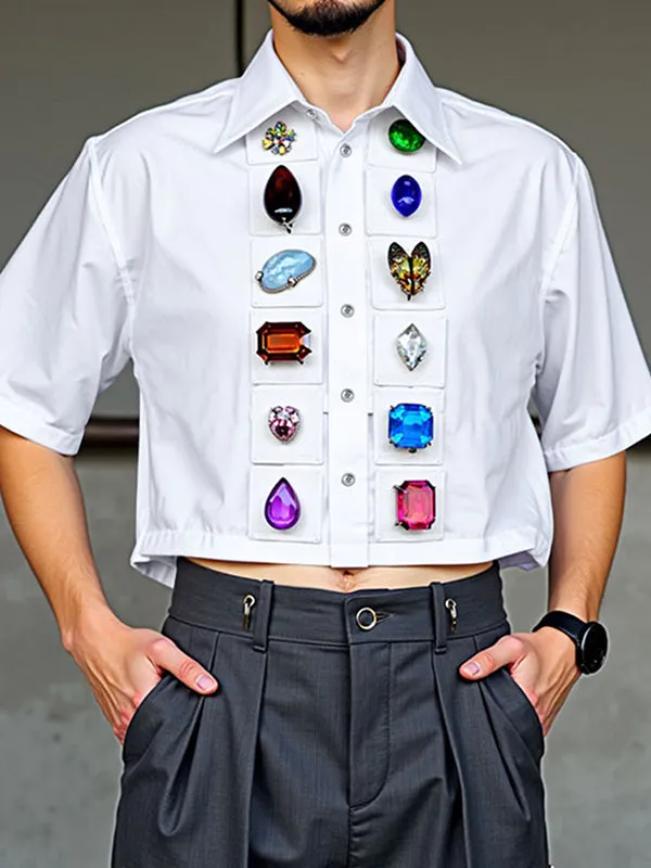 Mens Diamond Print Patchwork Cropped Short-Sleeve Shirt SKUL13692 sold by Incerunmen product image thumbnail 2