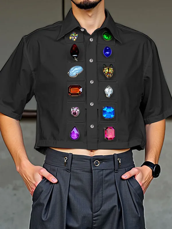 Mens Diamond Print Patchwork Cropped Short-Sleeve Shirt SKUL13692 sold by Incerunmen