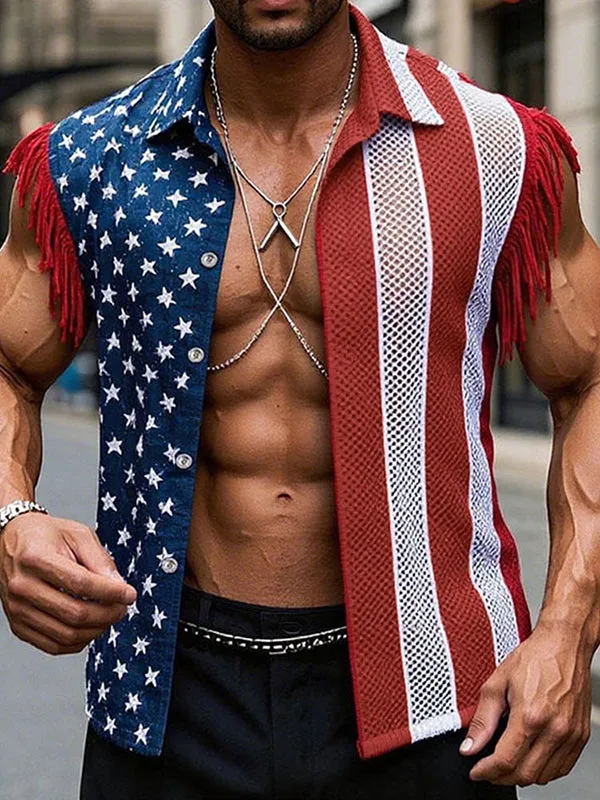 Mens American Flag Fringe Patchwork Sleeveless Shirt SKUL13689 sold by Incerunmen